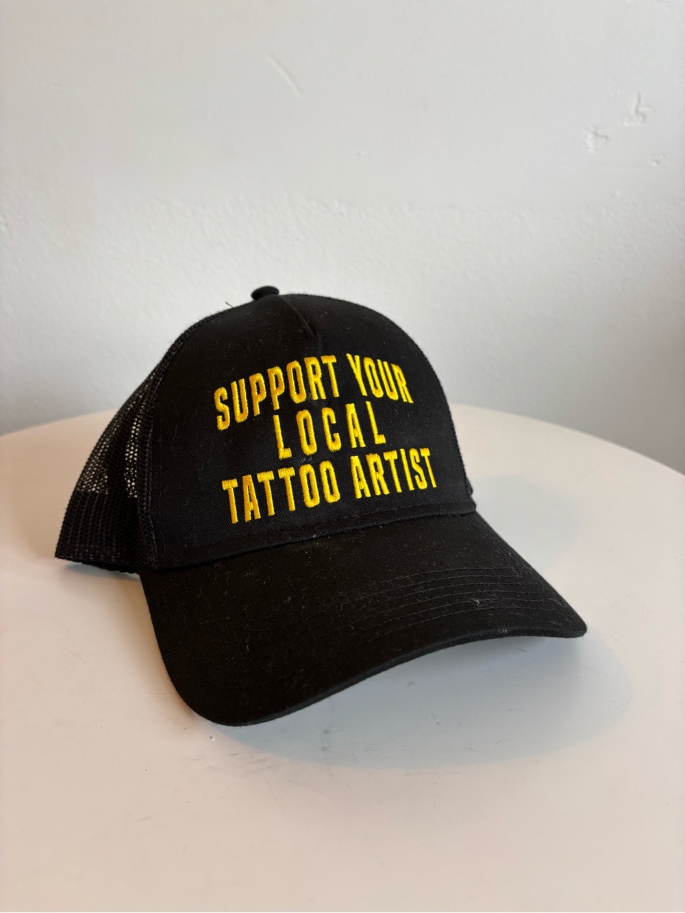 OTTO Black Trucker Hat with Yellow 'Support Your Local Tattoo Artist' Embroidery
